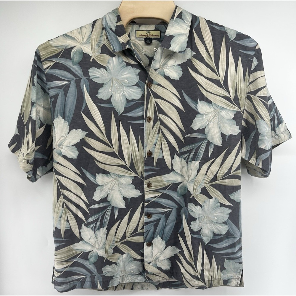 Tommy Bahama Mens XL Silk Hawaiian Shirt Gray Tan Blue Short Sleeved Floral
